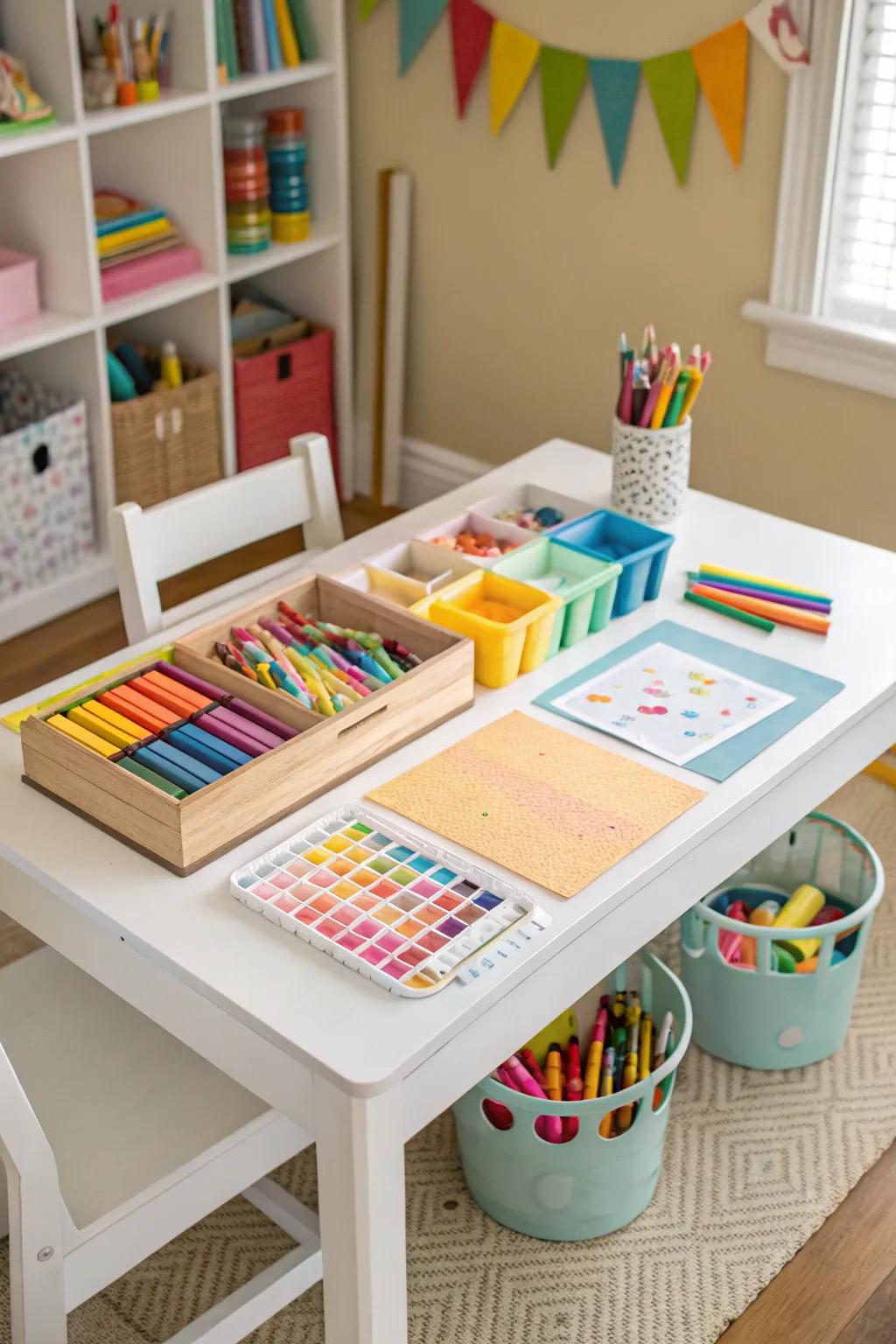 A DIY craft table overflowing with art supplies, all set for imaginative play.