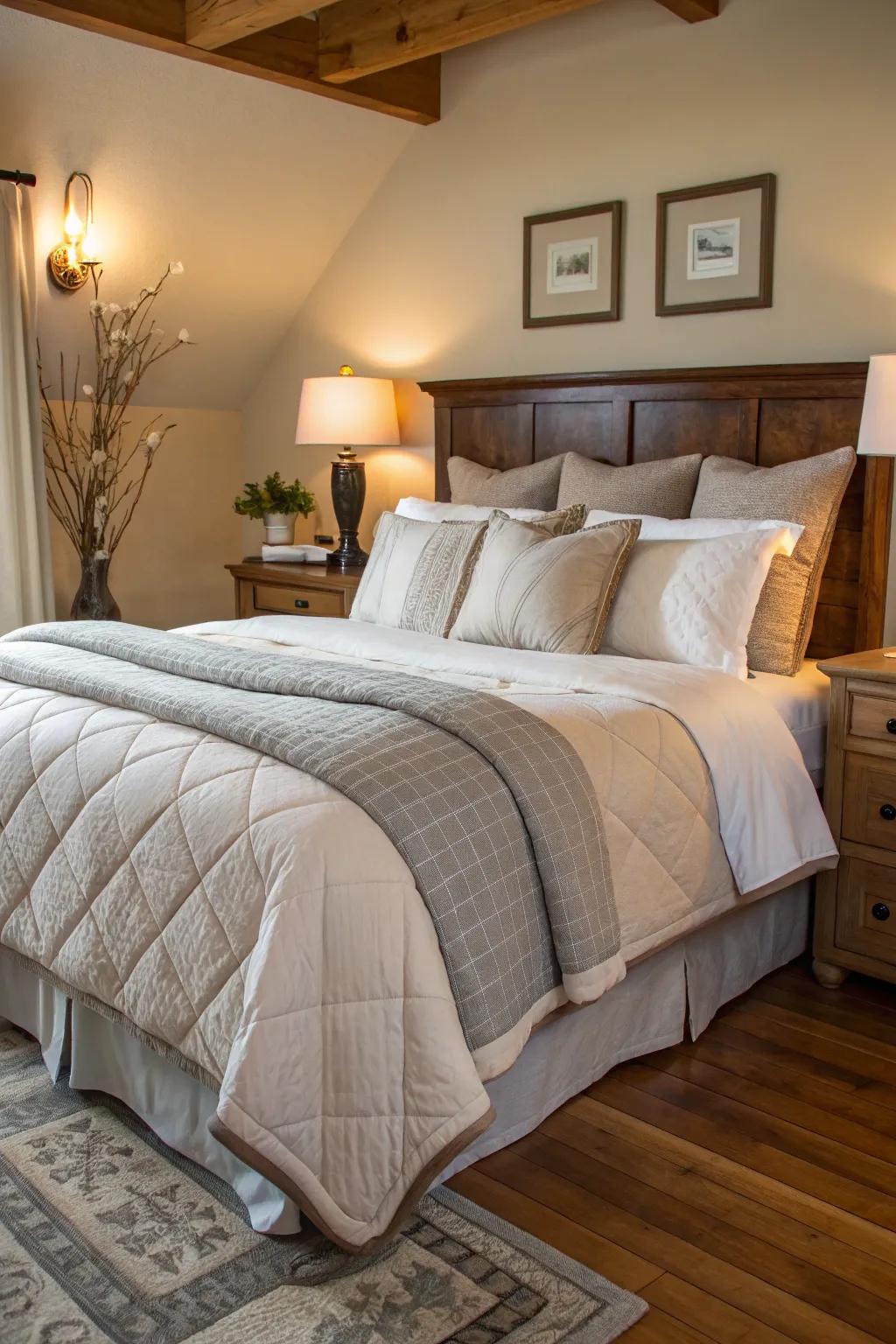 Layered bedding provides a rich tapestry of textures and warmth on this expansive king-sized bed.