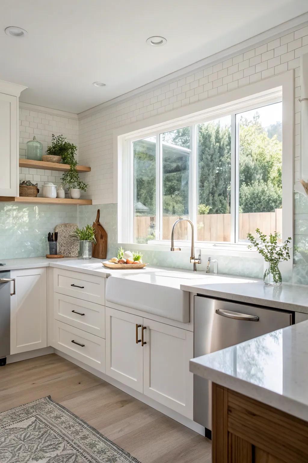 A consistent glass backsplash integrates effortlessly with the window, amplifying the kitchen's expansive sensation.