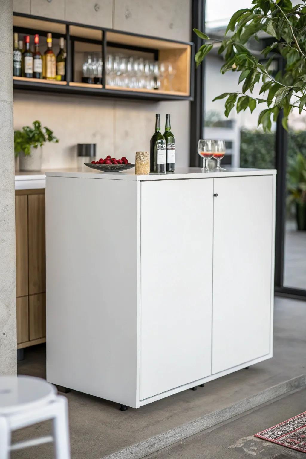 A minimalist bar cabinet ideally suited for an open kitchen design.