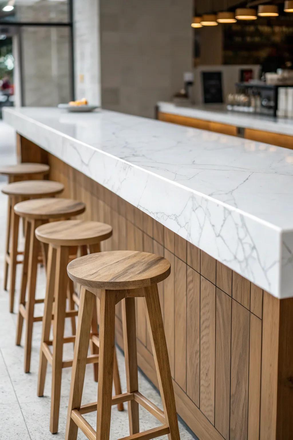 A minimalist kitchen bar showcasing clean lines and a marble surface.