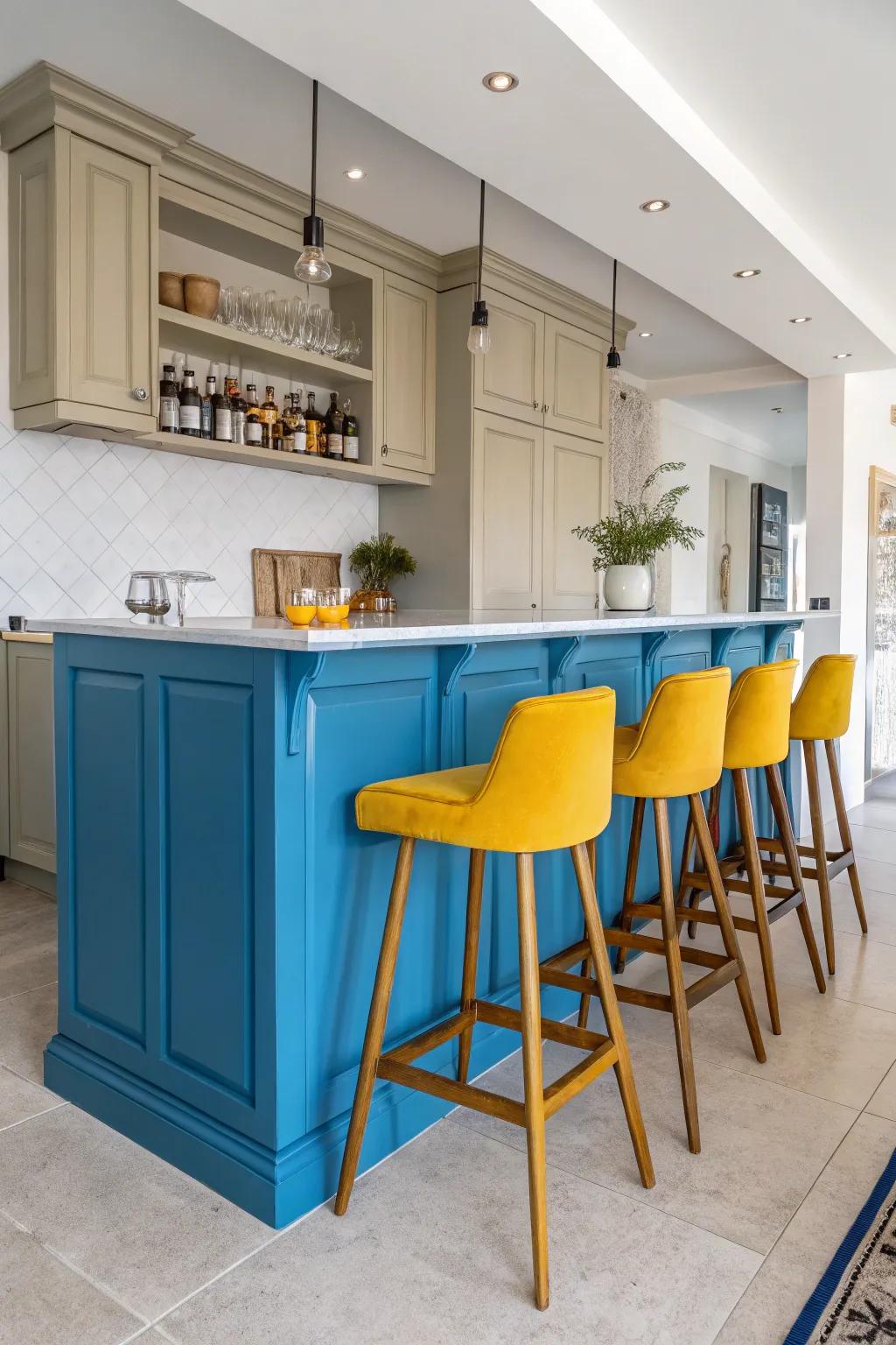 Vibrant colors can turn your kitchen bar into a stunning focal point.
