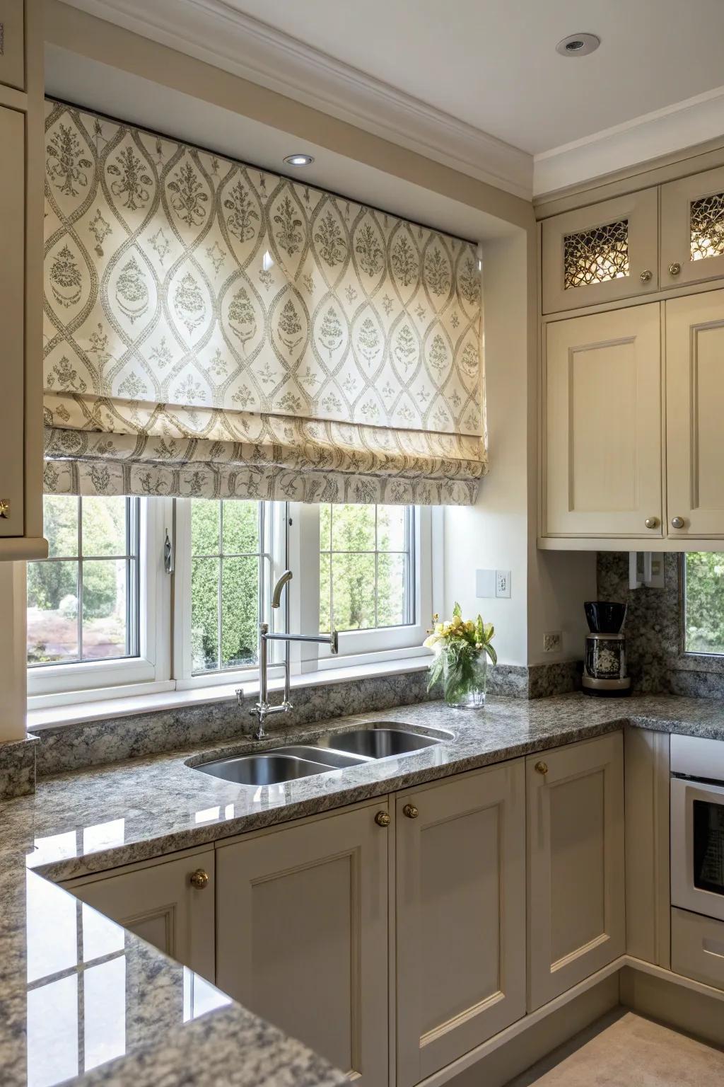 Roman blinds imparting elegance to a contemporary kitchen