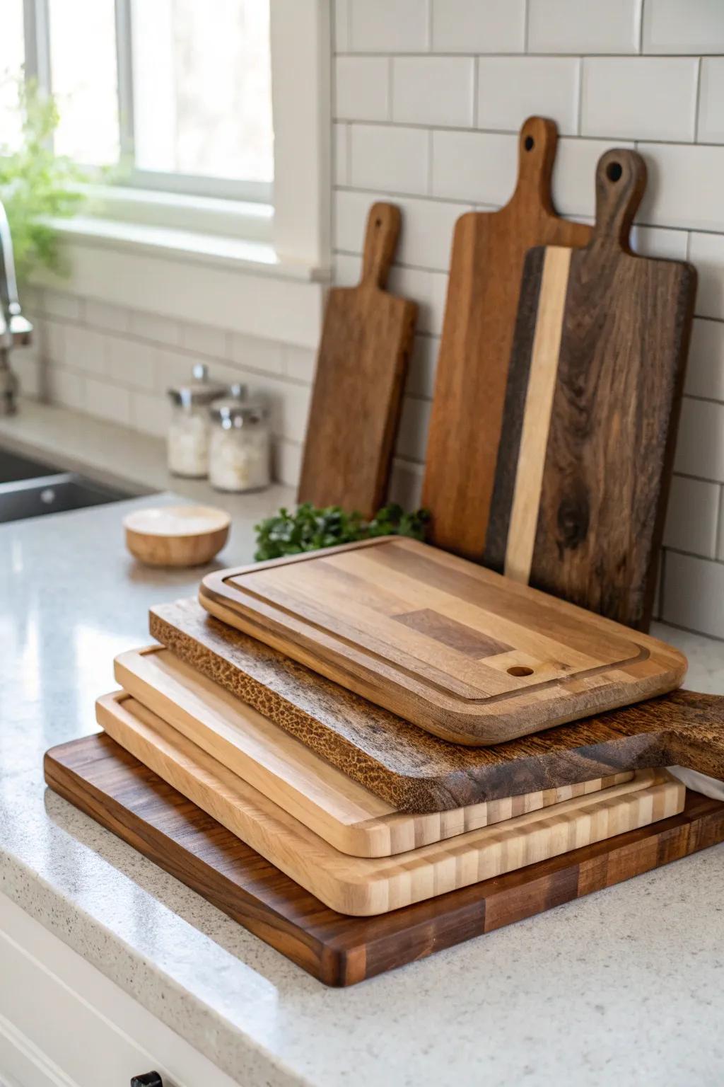 Stacked chopping blocks against a bright backsplash introduce depth and visual appeal.