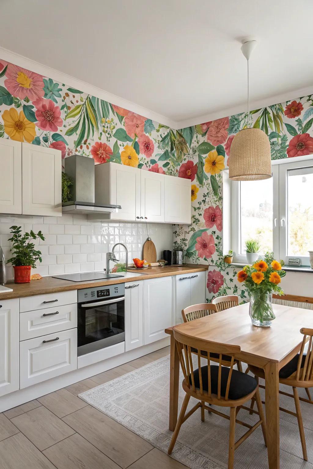 Floral wallpaper borders infuse a spirited, nature-inspired element into your kitchen.