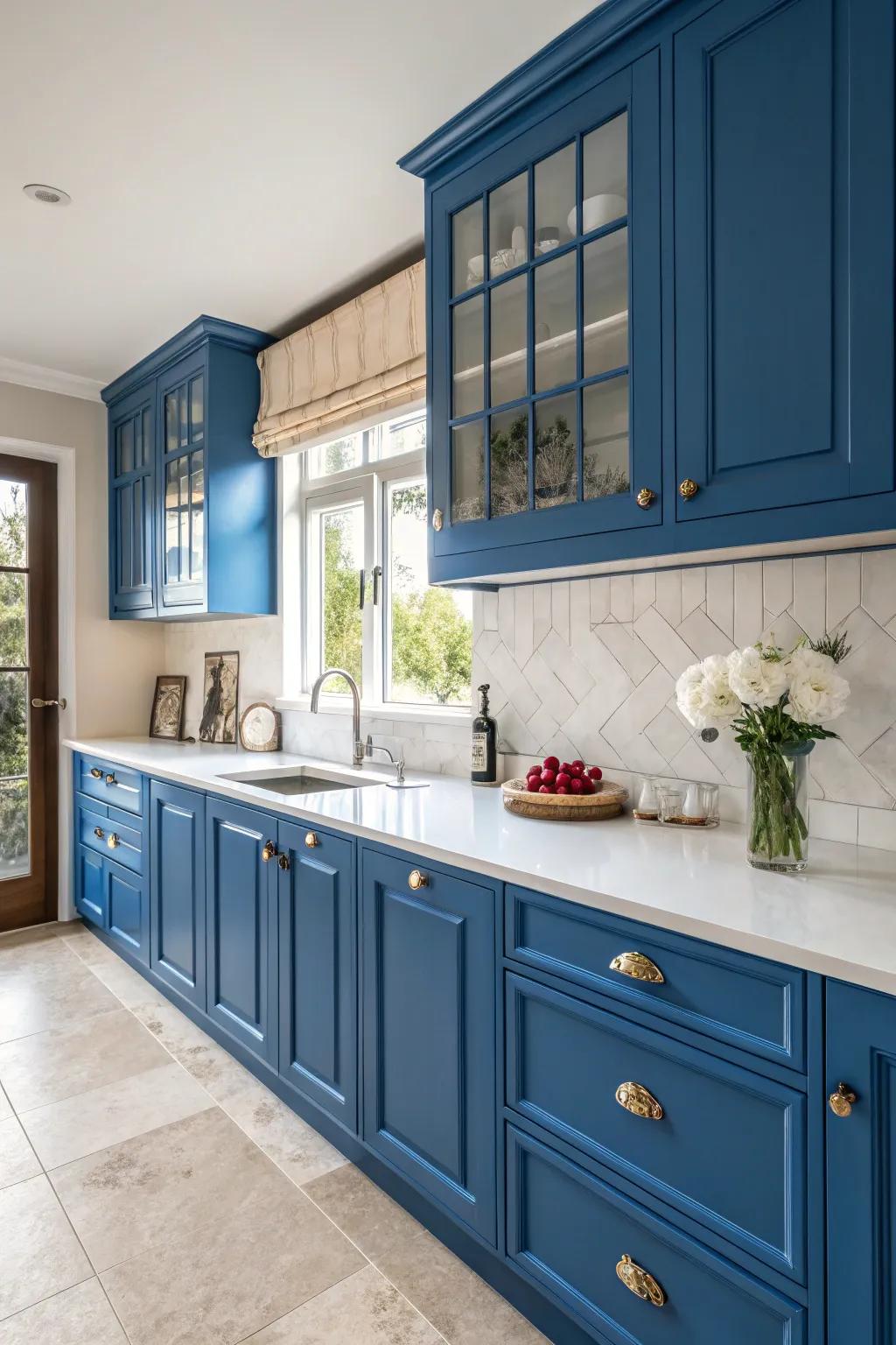 Daring azure cabinets contribute a revitalizing twist to any kitchen.