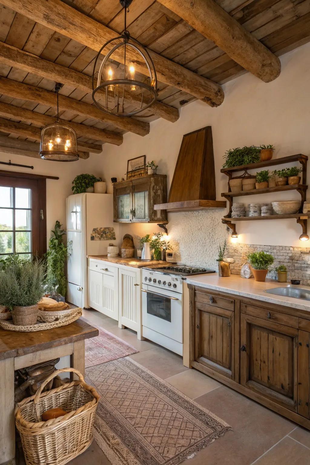 Celebrate country charm with uncovered wooden supports in your kitchen.