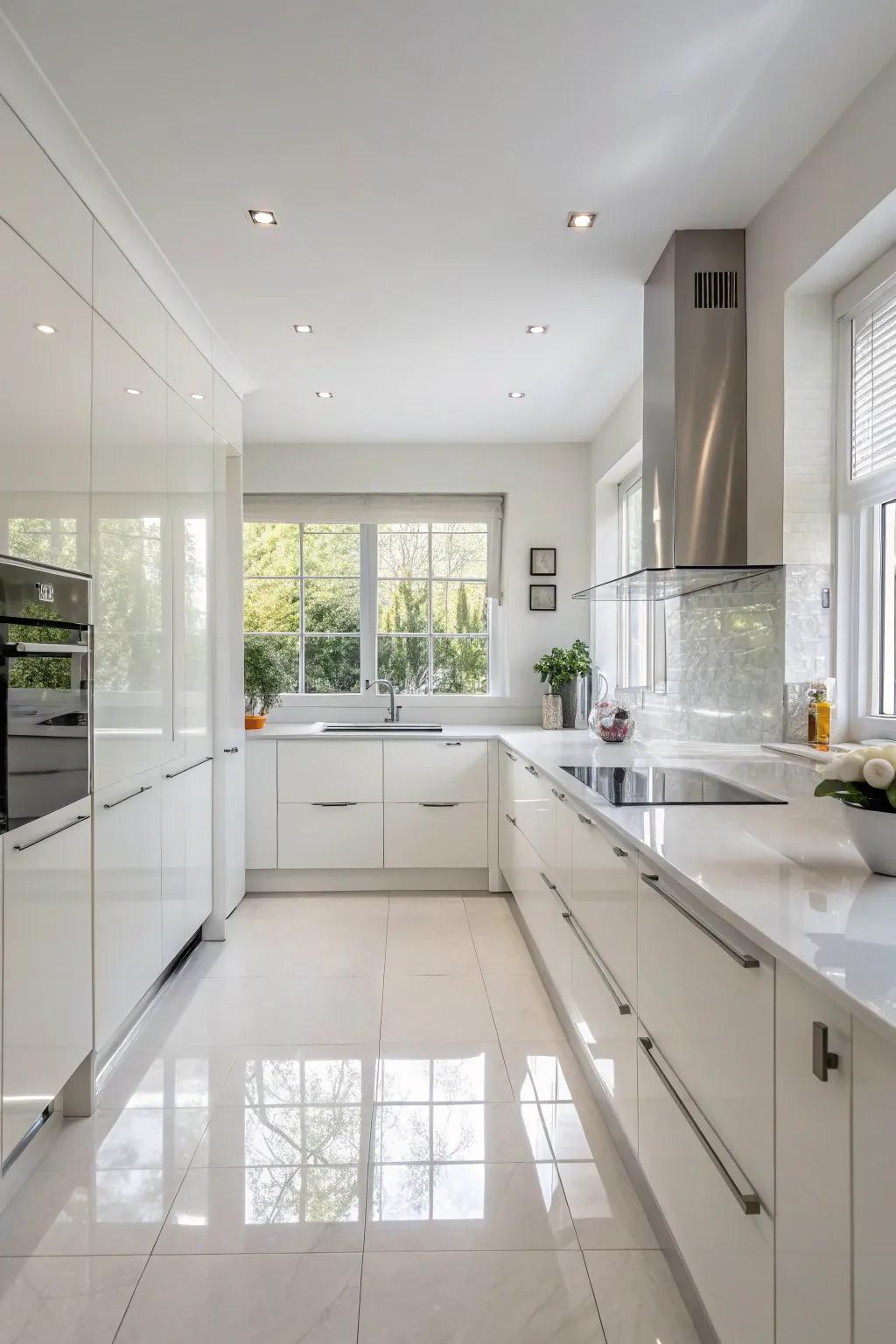 A fully white kitchen design offers a classic and graceful aesthetic.
