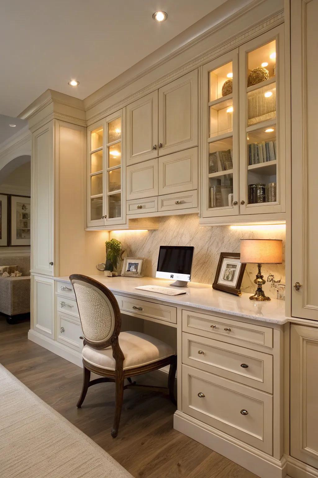 A kitchen desk flawlessly integrated with the cabinetry for a smooth, unified appearance.
