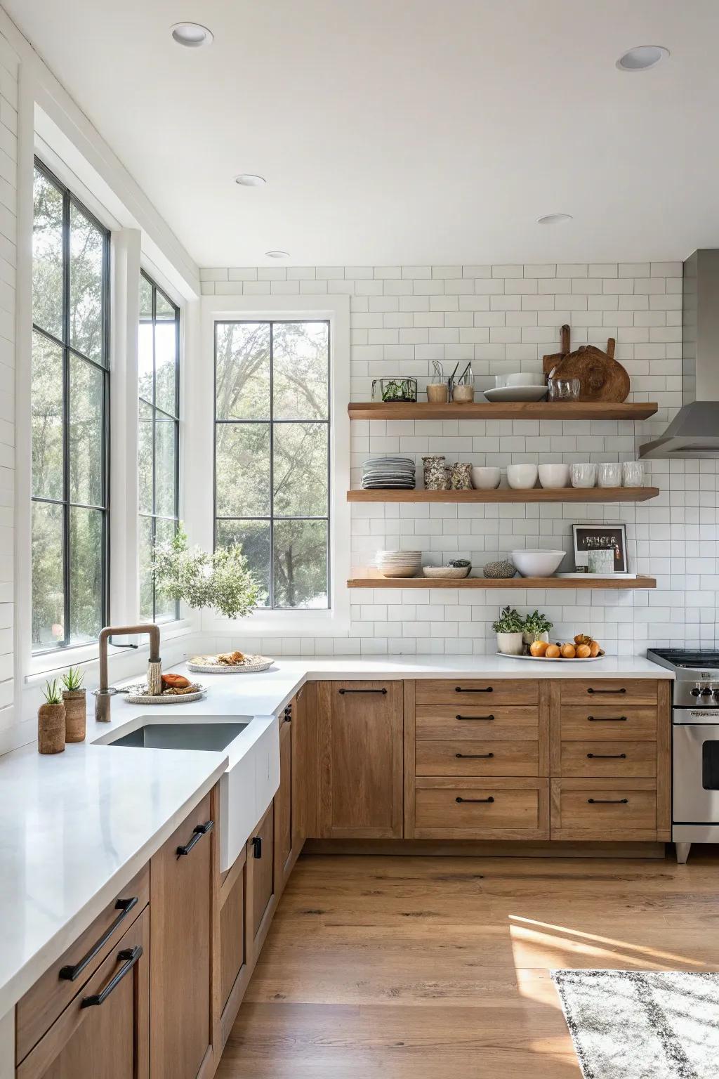 Floating shelves contribute to a spacious and airy kitchen vibe.