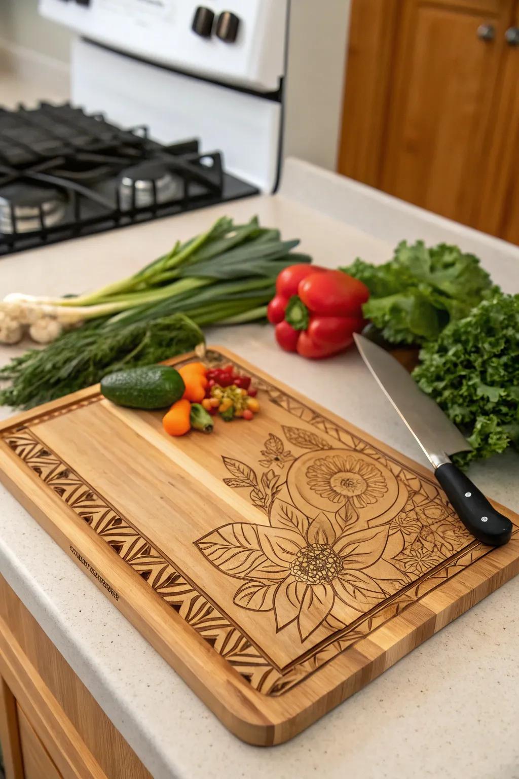 A personalized cutting board serves as a practical and heartfelt present.