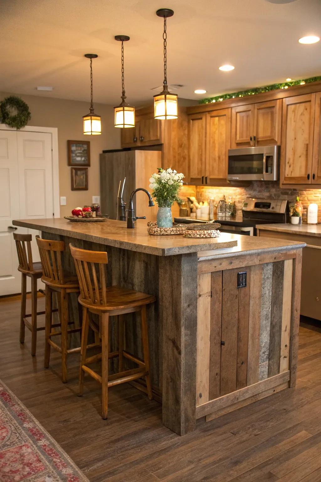 A kitchen island featuring a rear panel fashioned from reclaimed wood, contributing countryside allure and coziness.