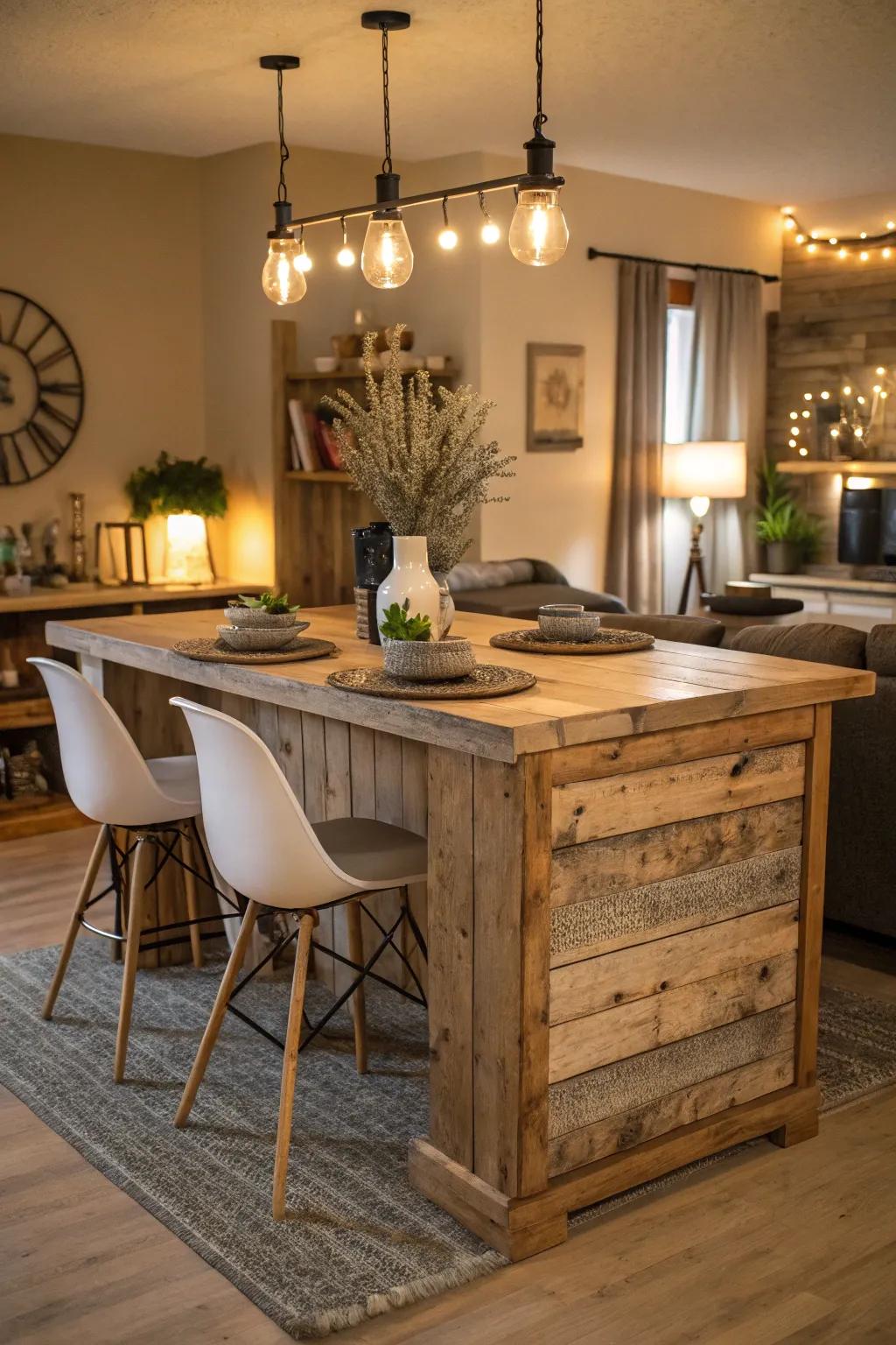 Homespun and modern details mix perfectly in this central island meal table set.
