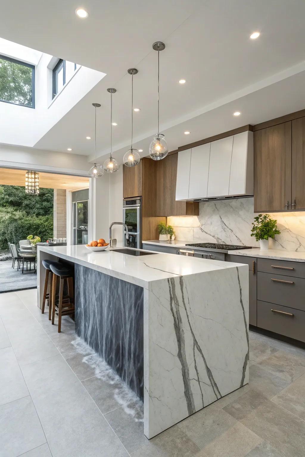The waterfall edge lends a polished and contemporary vibe to your kitchen island.