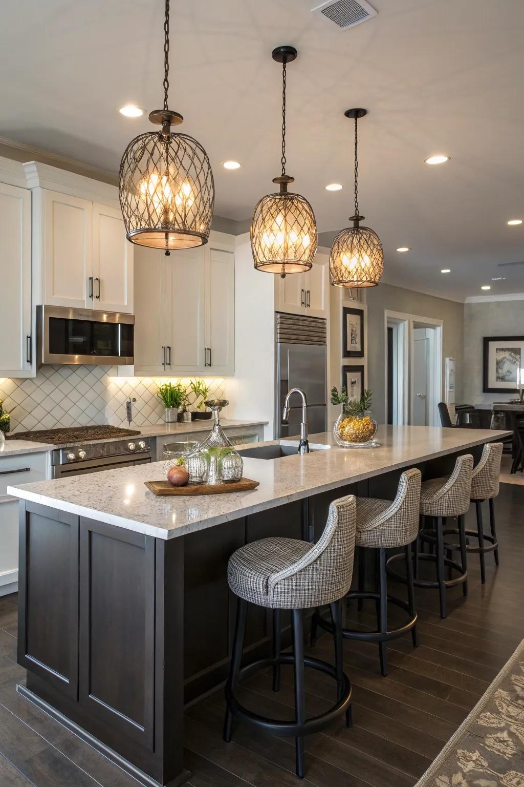 Pendant lights gracefully brighten a modern kitchen island, fashioning a stylish, practical center.