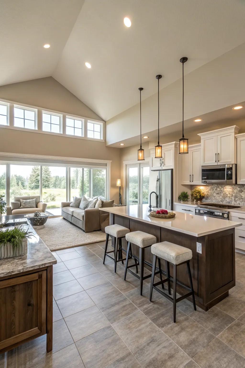 A kitchen showcasing an open layout, blending seamlessly into the adjacent living area.