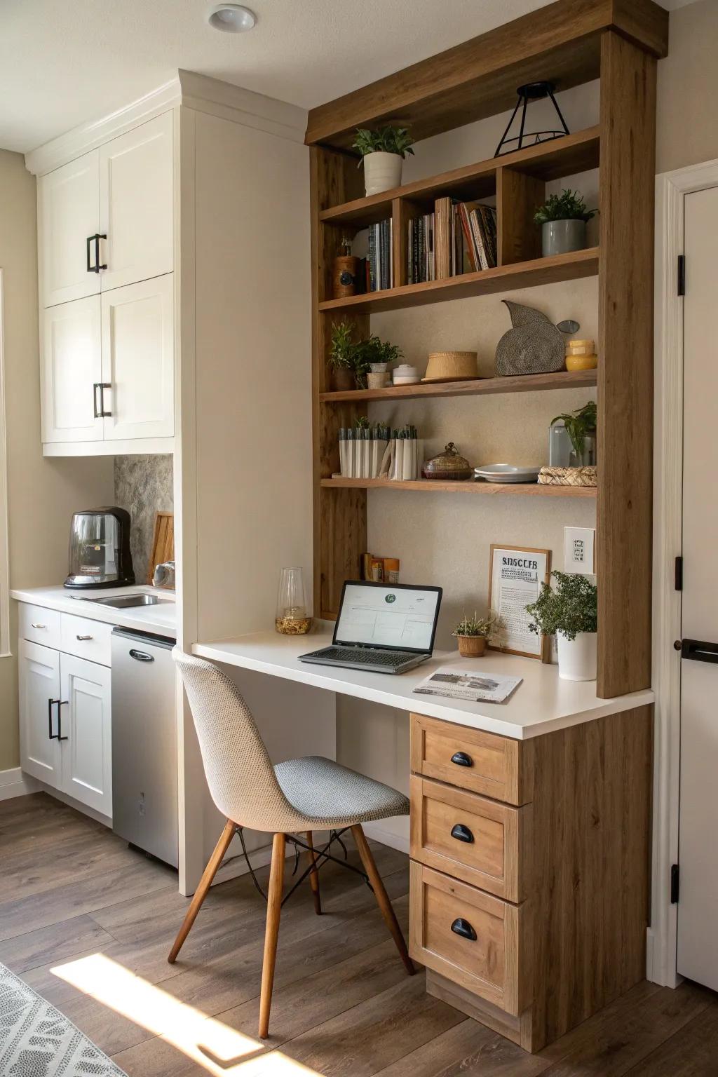 A snug command center nestled in the kitchen's corner.