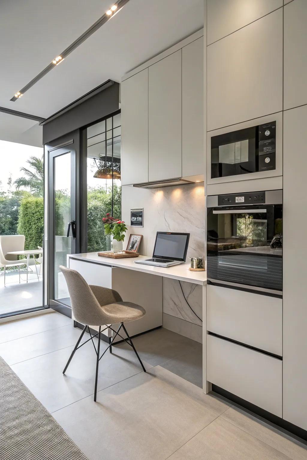 A compact workstation fits neatly into the kitchen cabinets for a functional work zone.