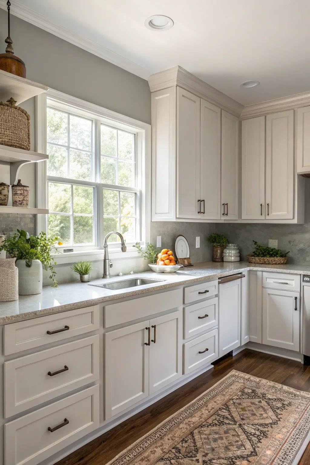 Subtle grey walls provide a soft contrast with white cabinetry.