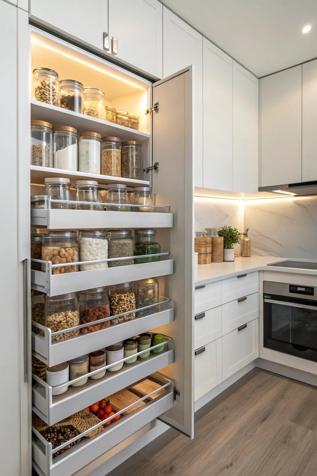 Sliding shelves make it a breeze to reach items in your pantry.