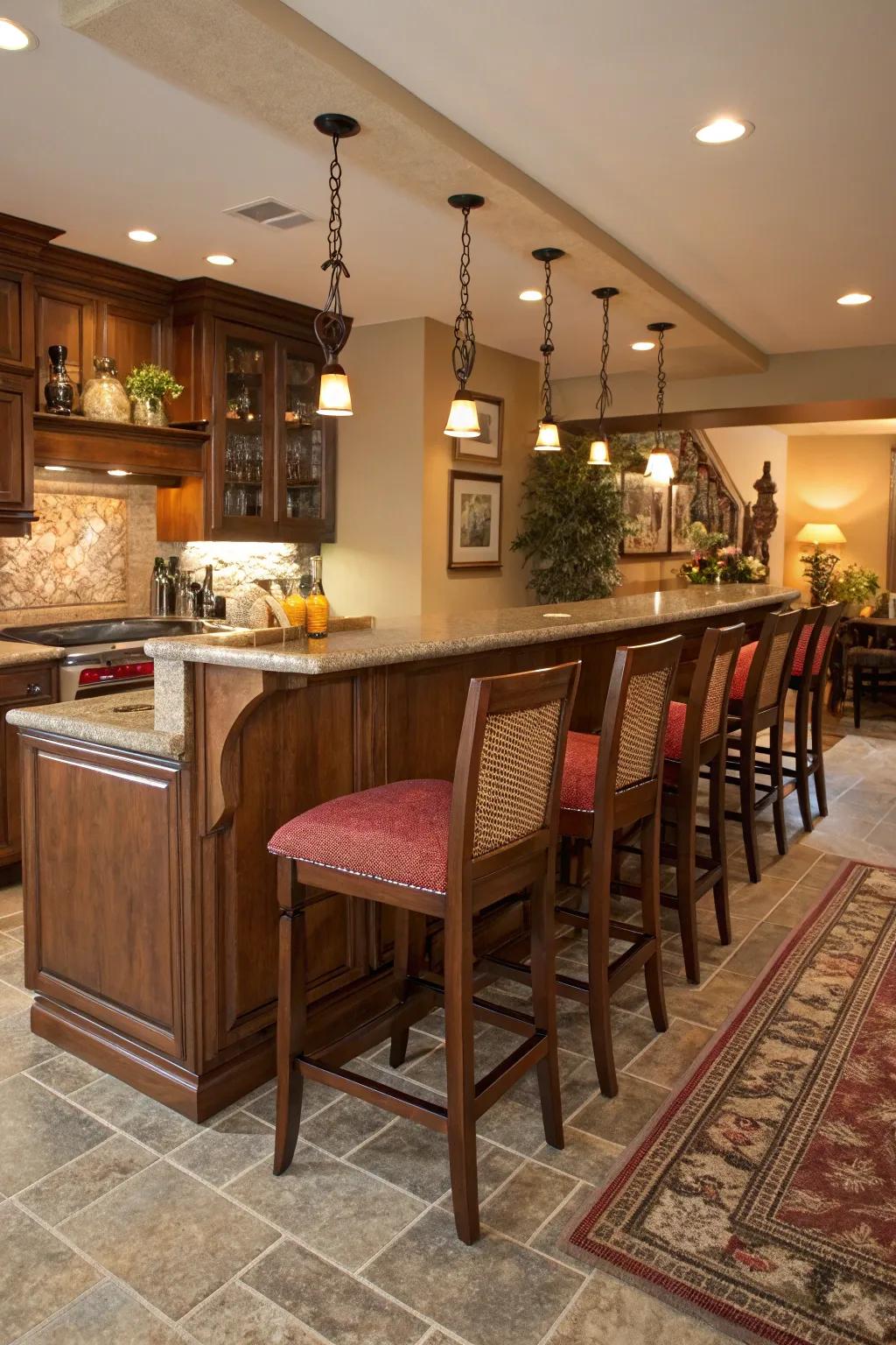A kitchen peninsula featuring built-in seating, creating an inviting setting.