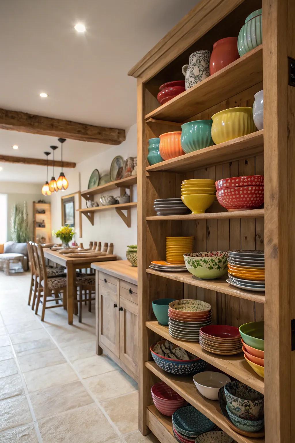 Visible storage allows effortless retrieval and offers a place to present your favorite kitchen pieces.