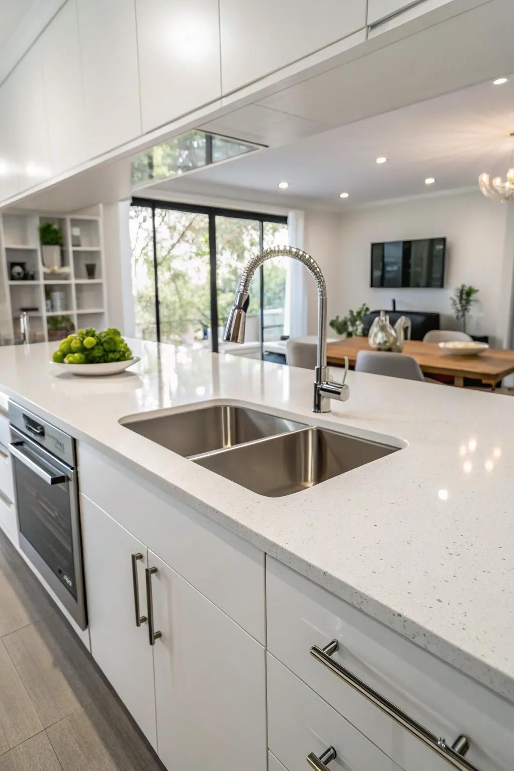 A minimalist cooking space showcasing a seamless under-mount sink.