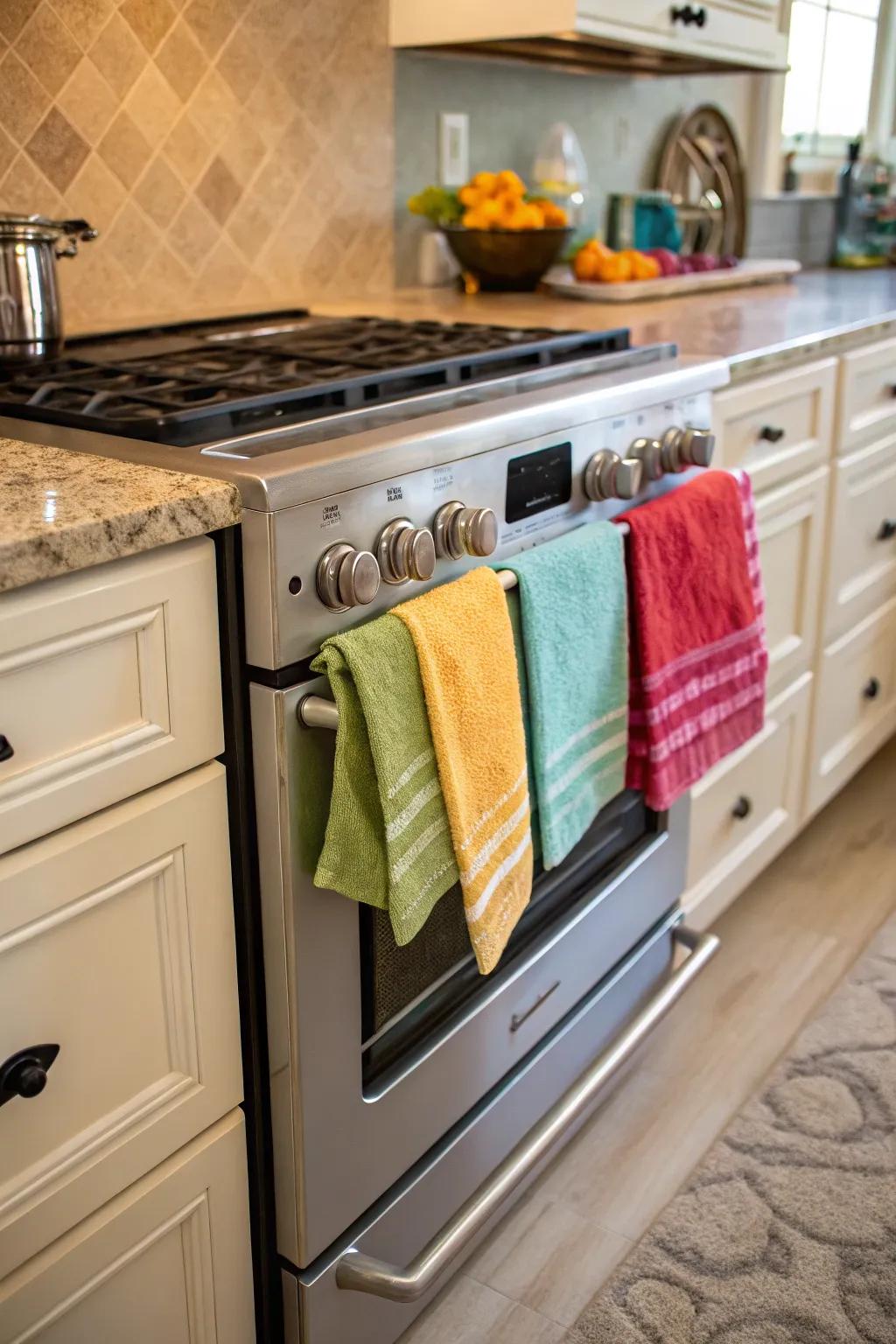 Draping towels on oven handles offers a simple yet effective decorative accent.