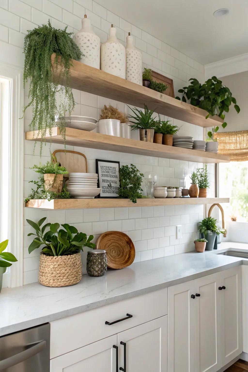 Wall-mounted shelves in a modern kitchen display plants and decor in an elegant way.