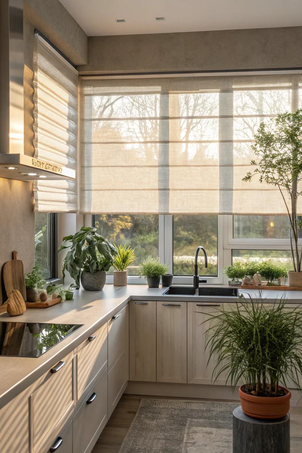 Sheer blinds beautifully balance light and privacy, creating a tranquil kitchen atmosphere.