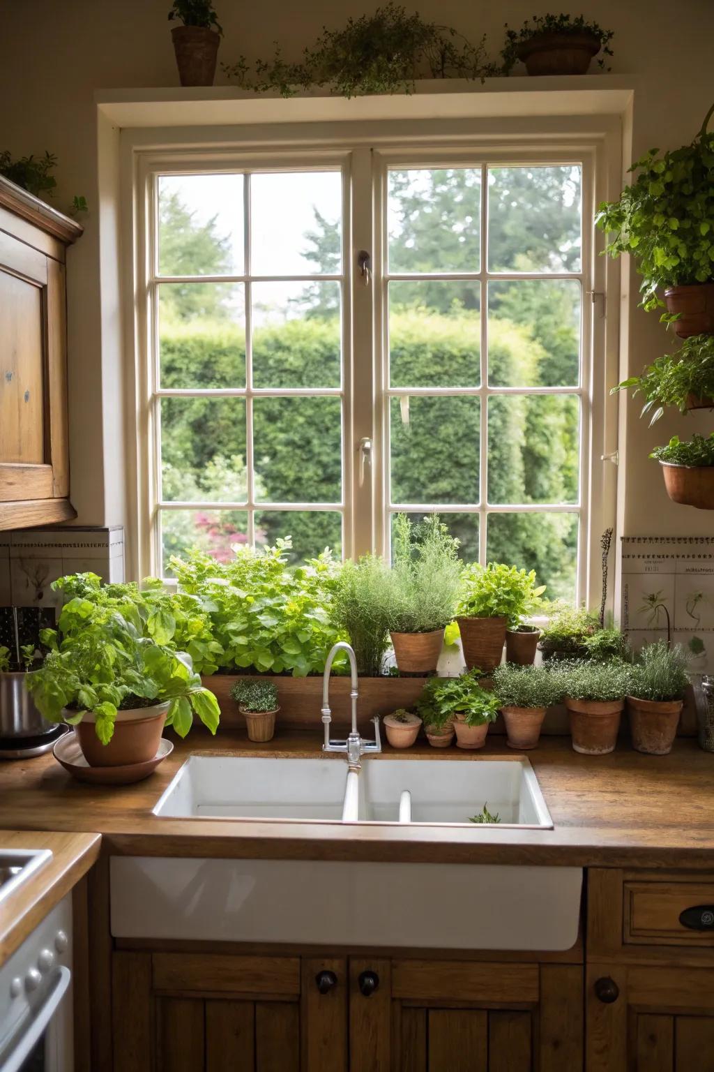 A kitchen showcasing a conservatory window adorned with an array of fragrant herbs.