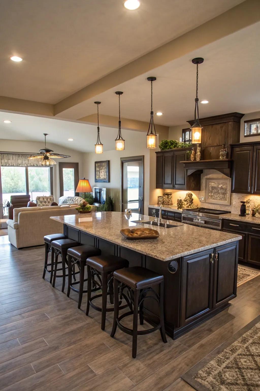A kitchen island serving a dual purpose as a social area with abundant seating.
