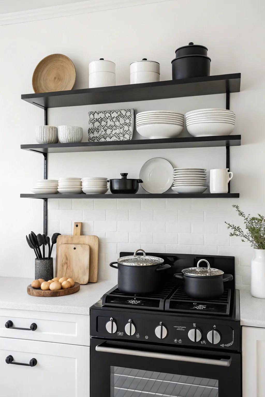 Matching shelves blend seamlessly, crafting a serene kitchen ambiance.