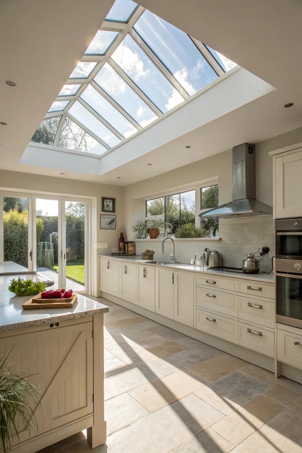 An overhead window brings ample natural light into this kitchen, fostering an inviting feel.