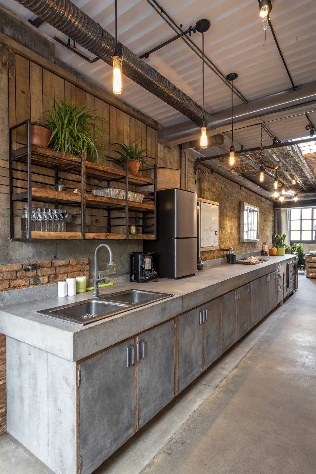 A kitchen in the industrial style, showcasing concrete countertops complemented by metal and wooden details.
