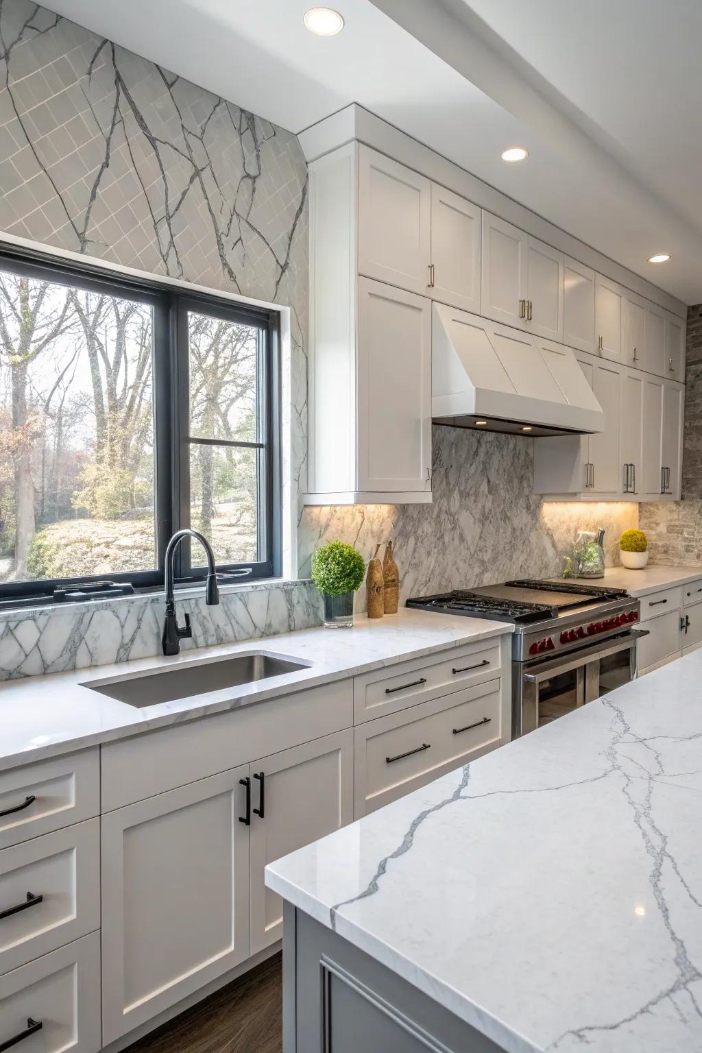 Classic white quartz countertops complemented by subtle gray veining.