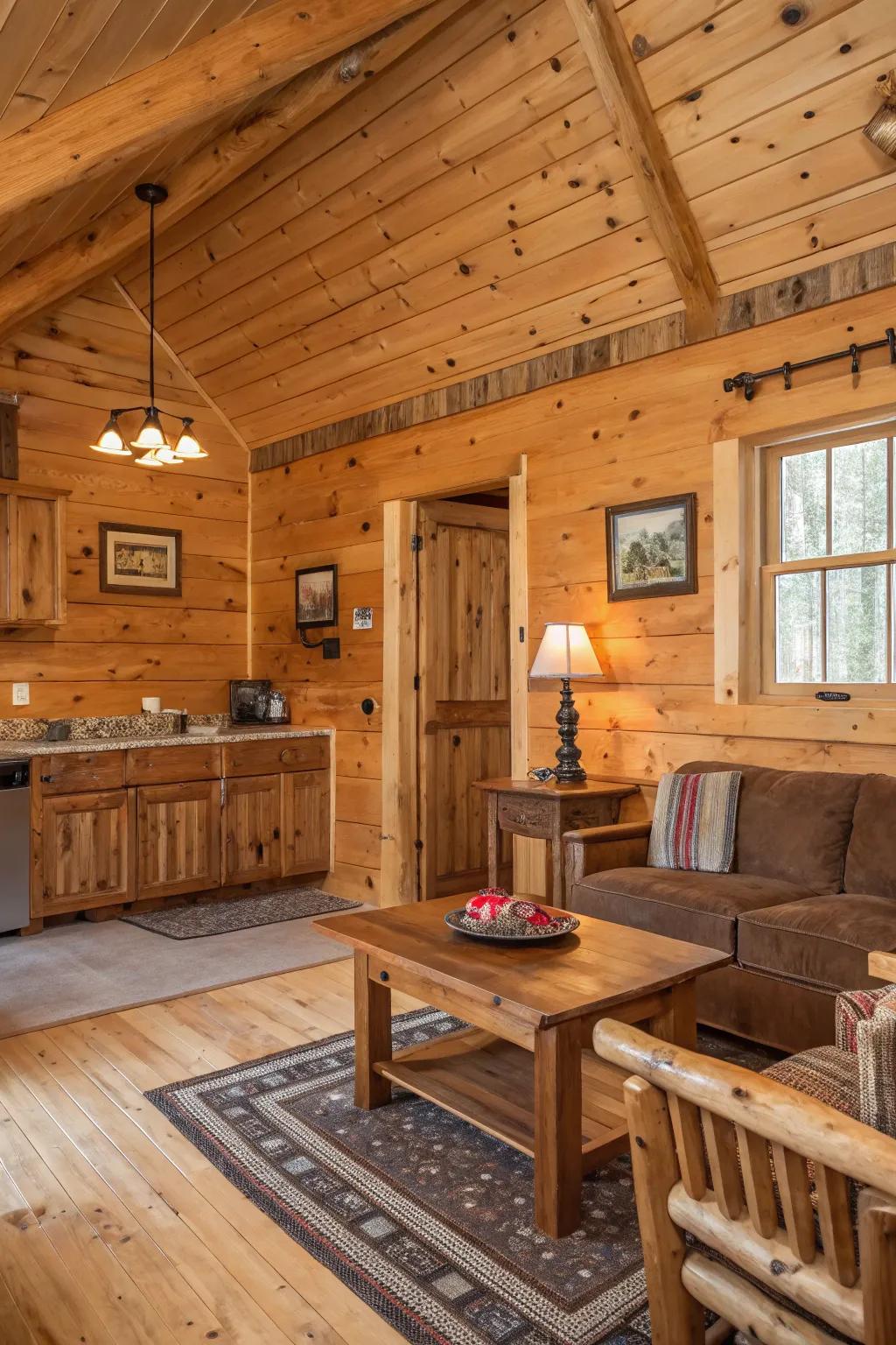 Bare knotty pine walls showing off their natural beauty and pattern.