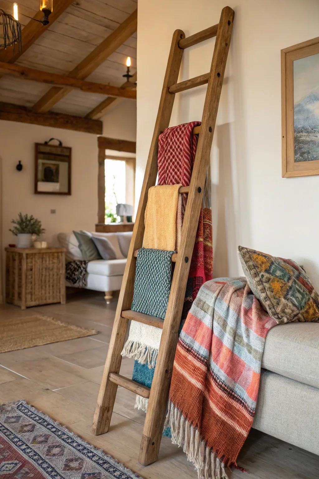 A ladder blanket holder brings warmth and style to any room.