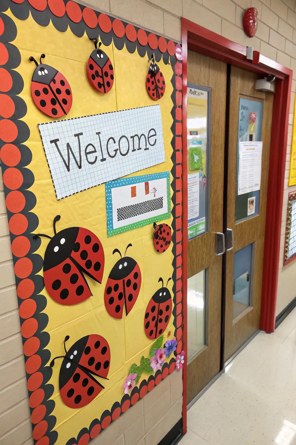 An inviting ladybug-styled display board is ideal for welcoming learners.
