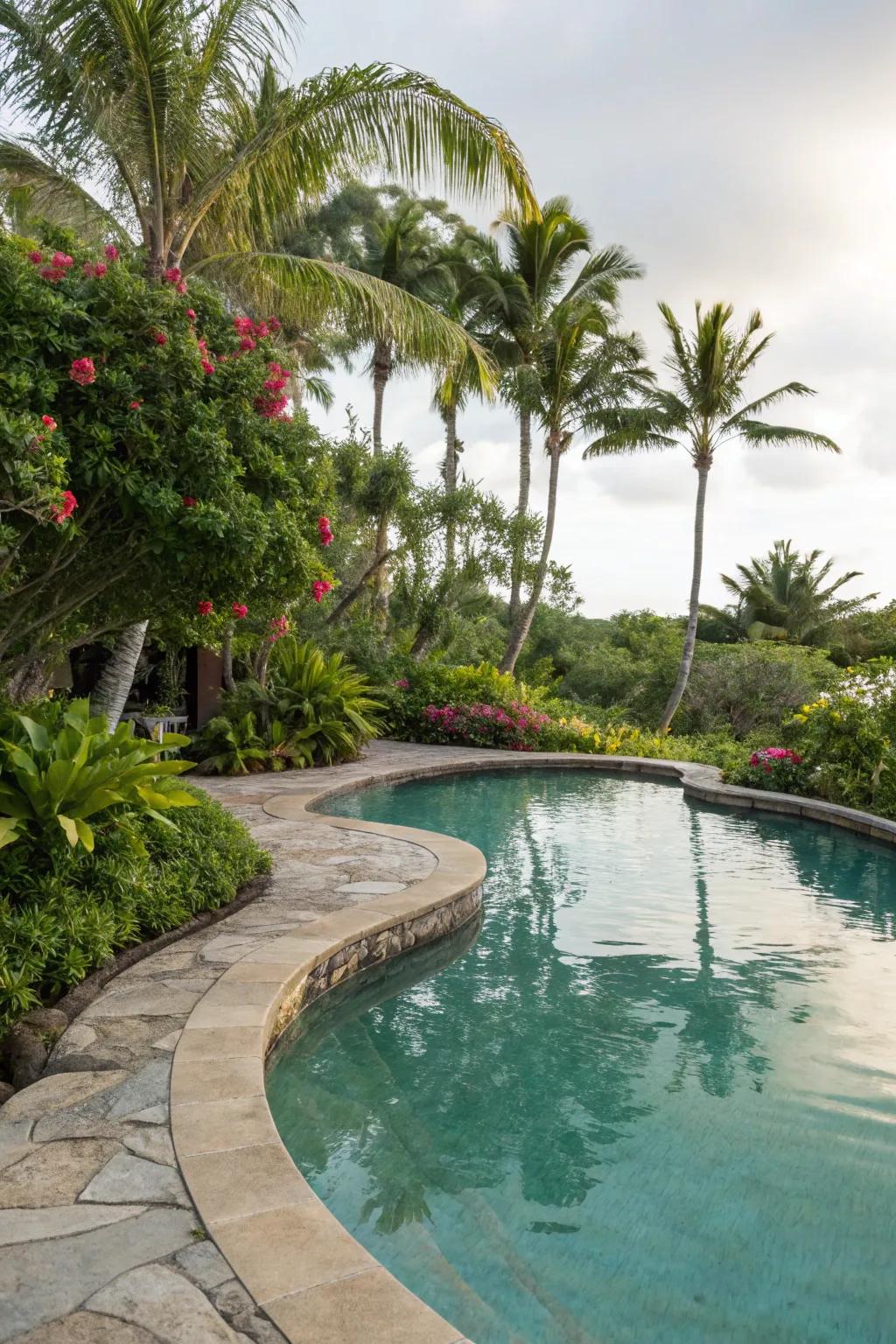 A lagoon pool featuring organic shapes evokes a natural ambiance.