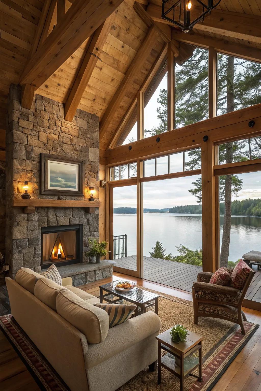 Organic elements cultivate a welcoming and toasty atmosphere in a lake cabin.