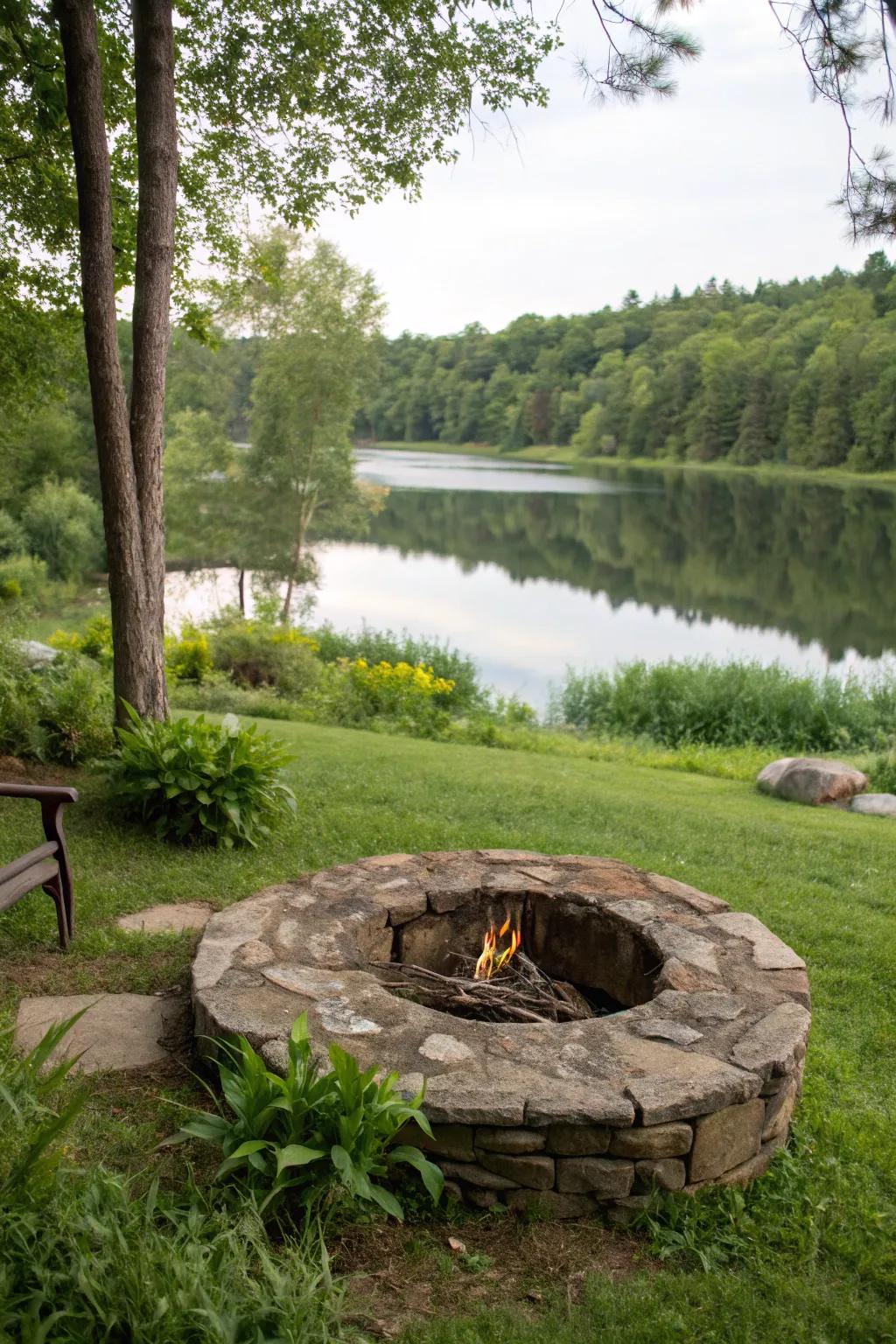 A natural stone fire ring provides an aesthetic that enhances the lake's raw beauty.