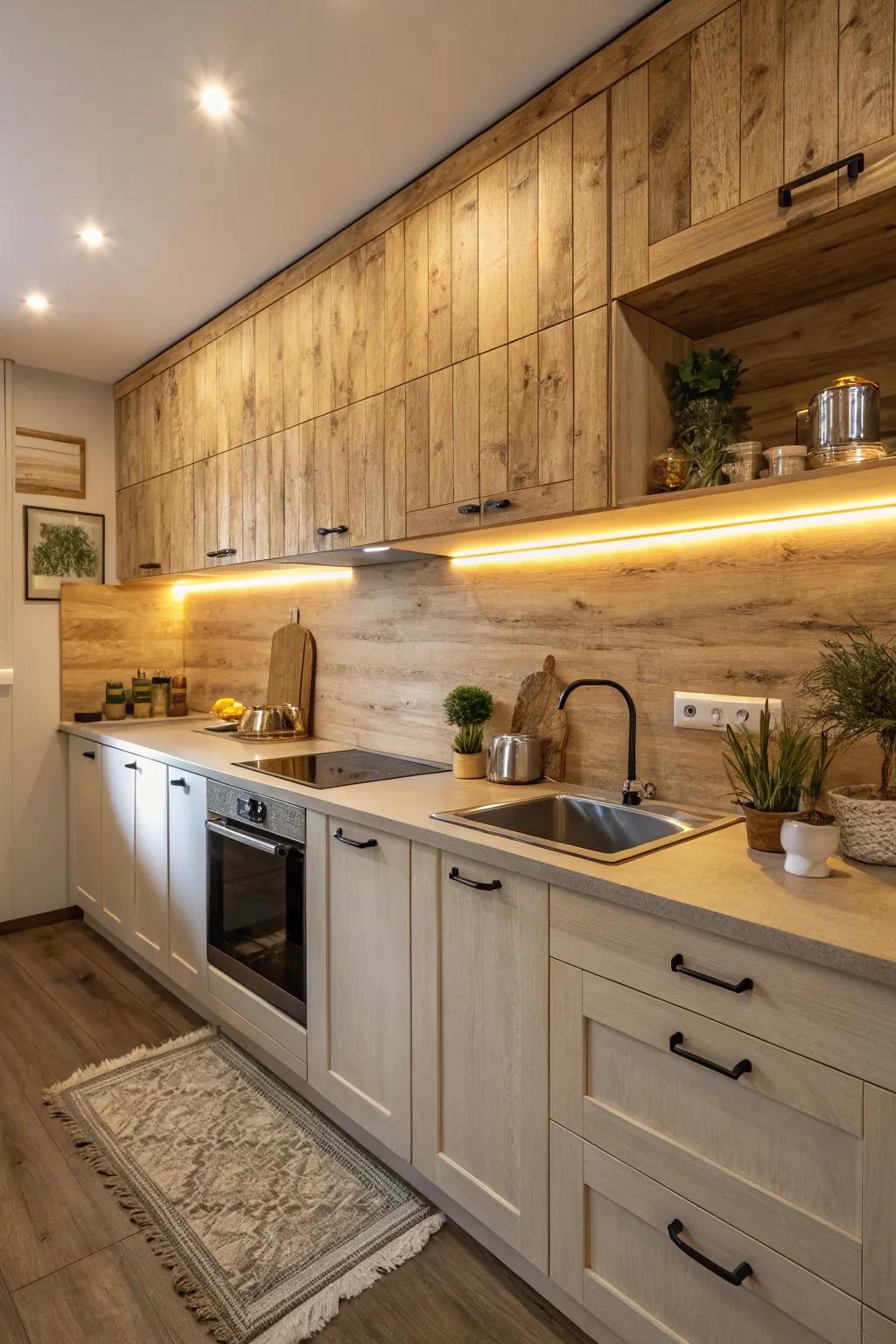 Wood-like laminate gives your kitchen a snug, rustic feel.