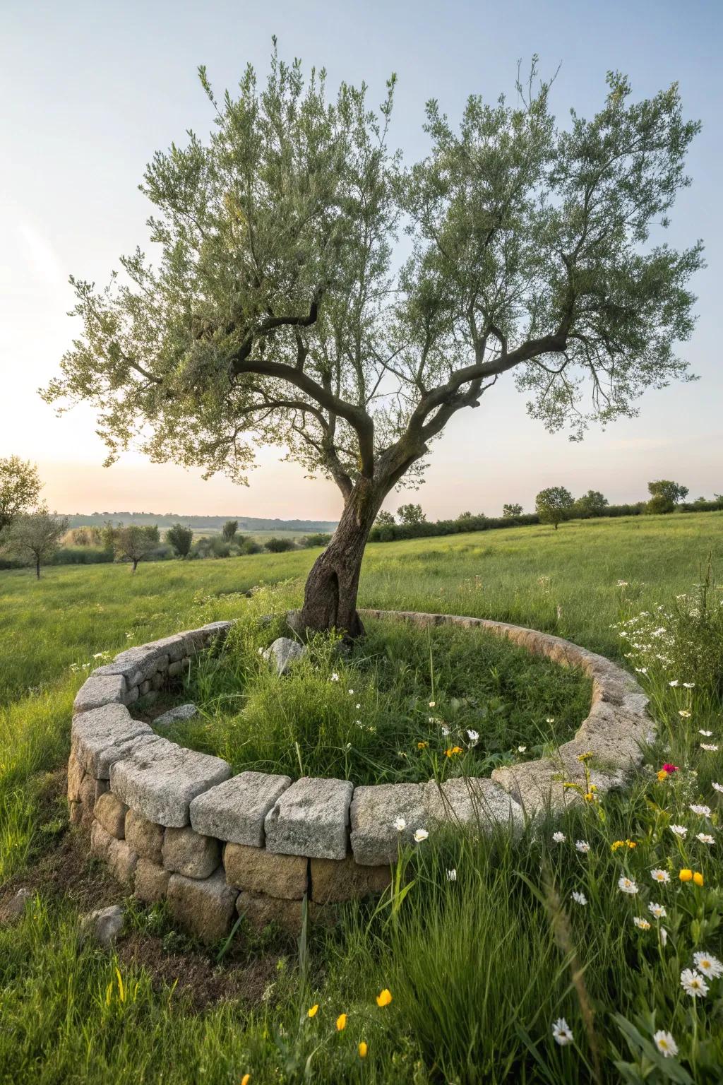 A charming stone border enhances the natural beauty of any tree.