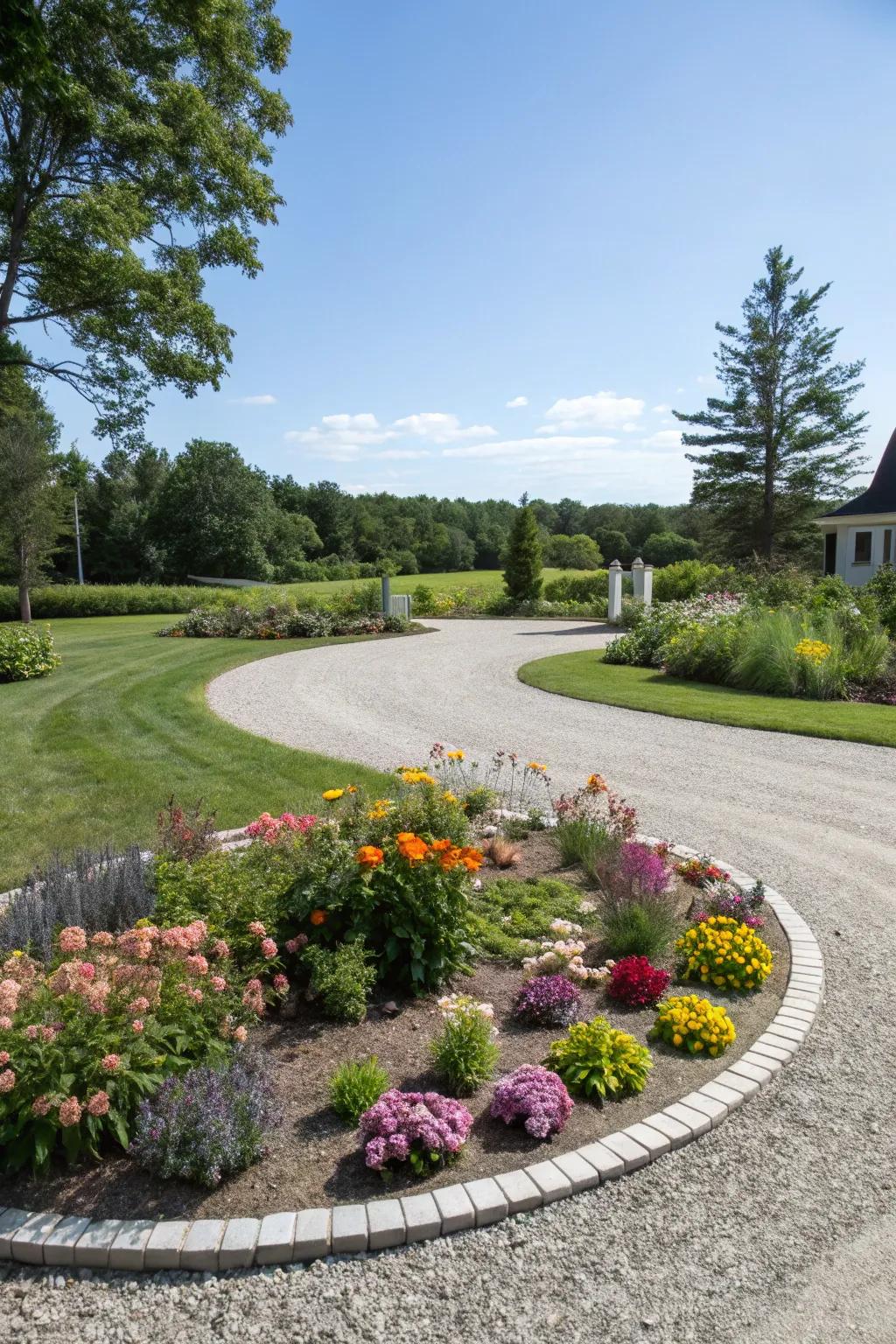 A circular driveway featuring a central floral display.