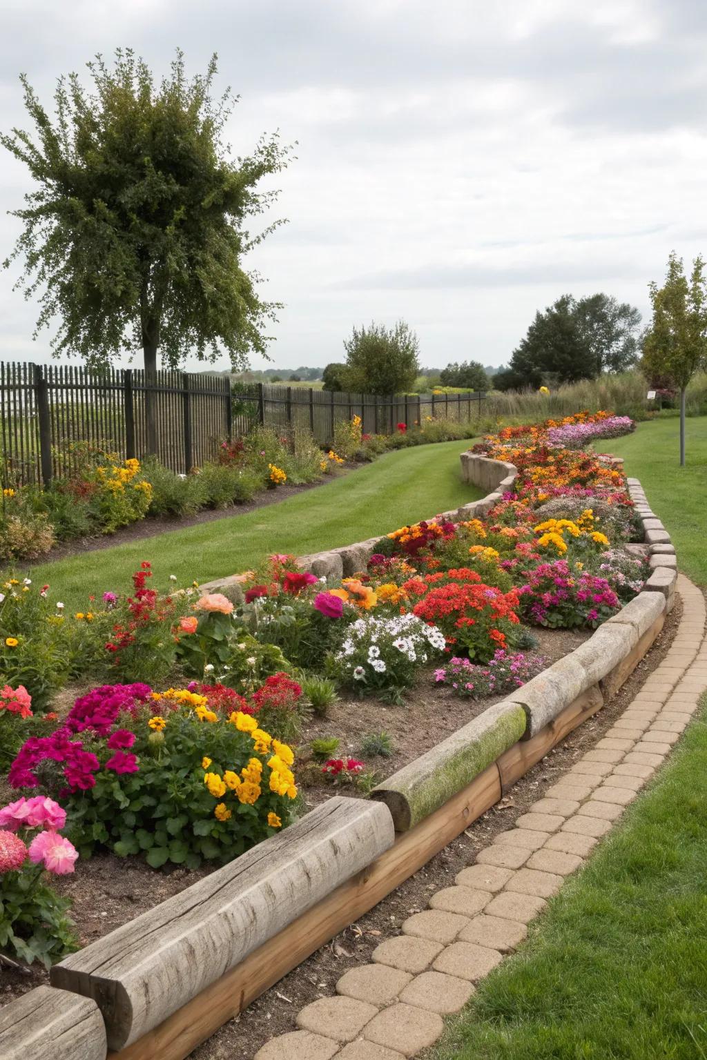 Landscape timbers beautifully delineate and define garden beds.