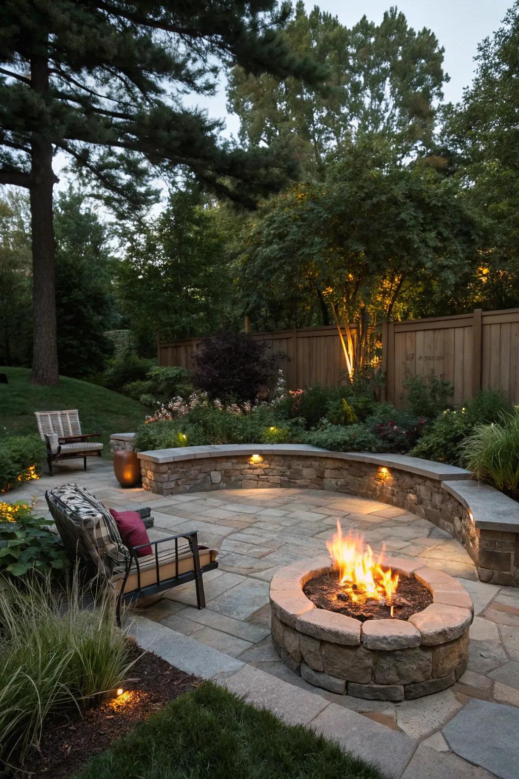 An inviting fire pit area featuring stone seating, ideal for friendly gatherings in the evening.