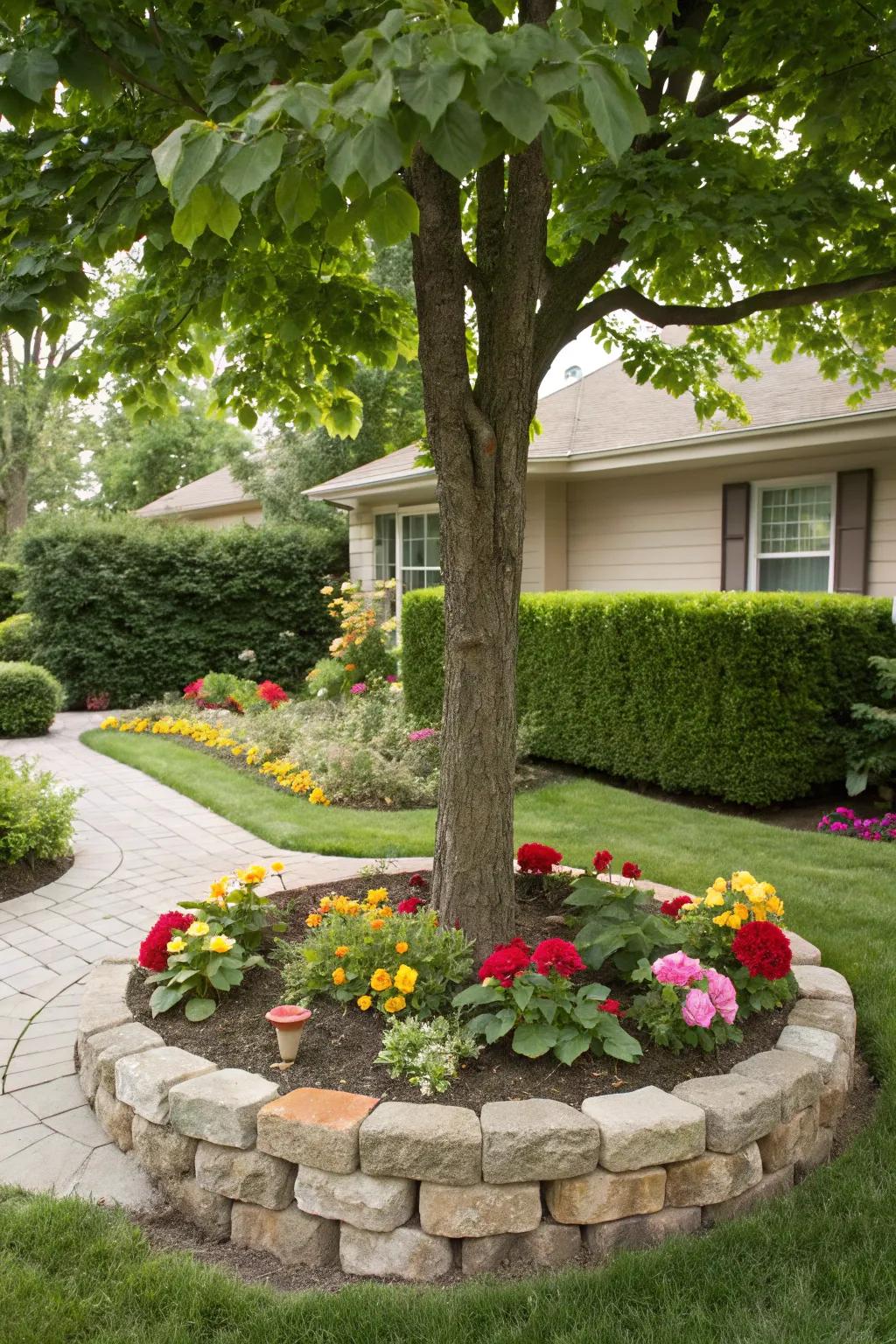 A tree is beautifully highlighted by a stone border, enhancing the garden's natural beauty.