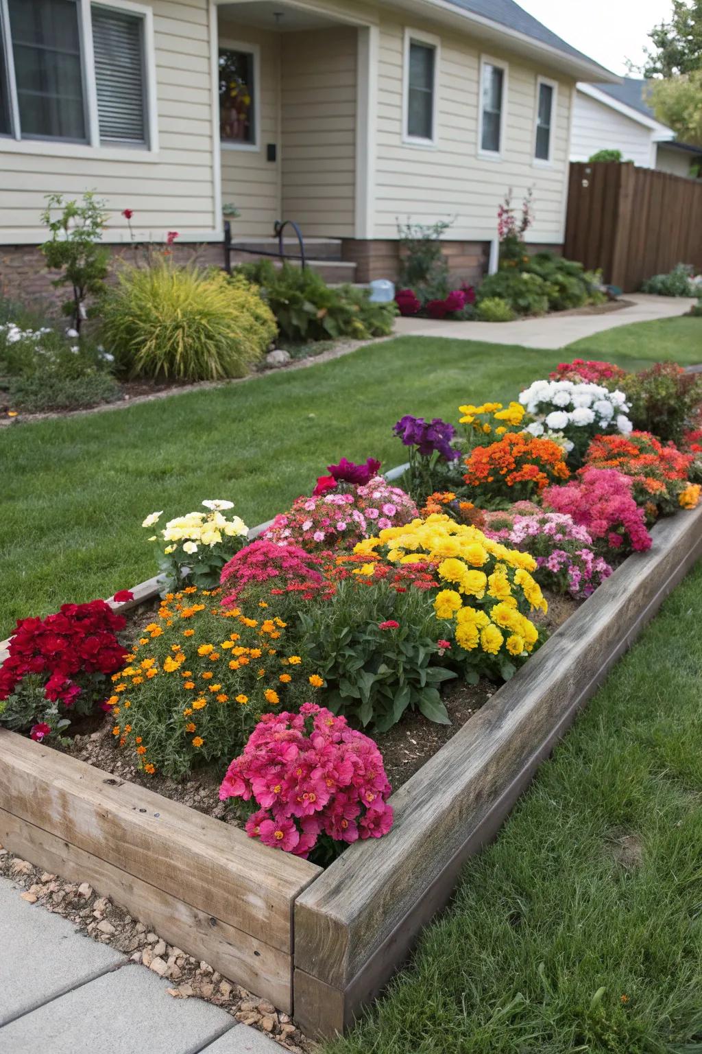 A vibrant flower bed injects color and energy into the front garden.