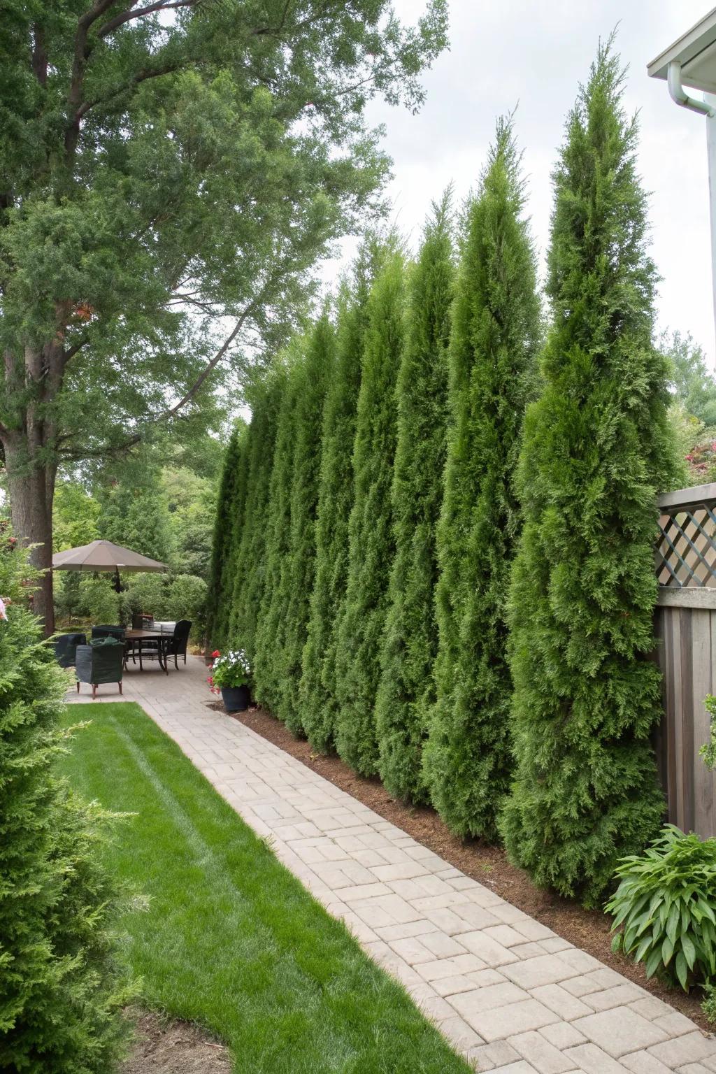 An arborvitae verdant barrier ensures aesthetics and seclusion.